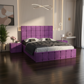 Pat Tapitat Titan Mov Catifea Premium cu Noptiere Tapitate