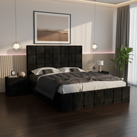 Pat Tapitat Titan Negru Catifea Premium cu Noptiere Tapitate