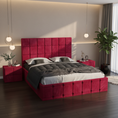 Pat Tapitat Titan Visiniu Catifea Premium cu Noptiere Tapitate